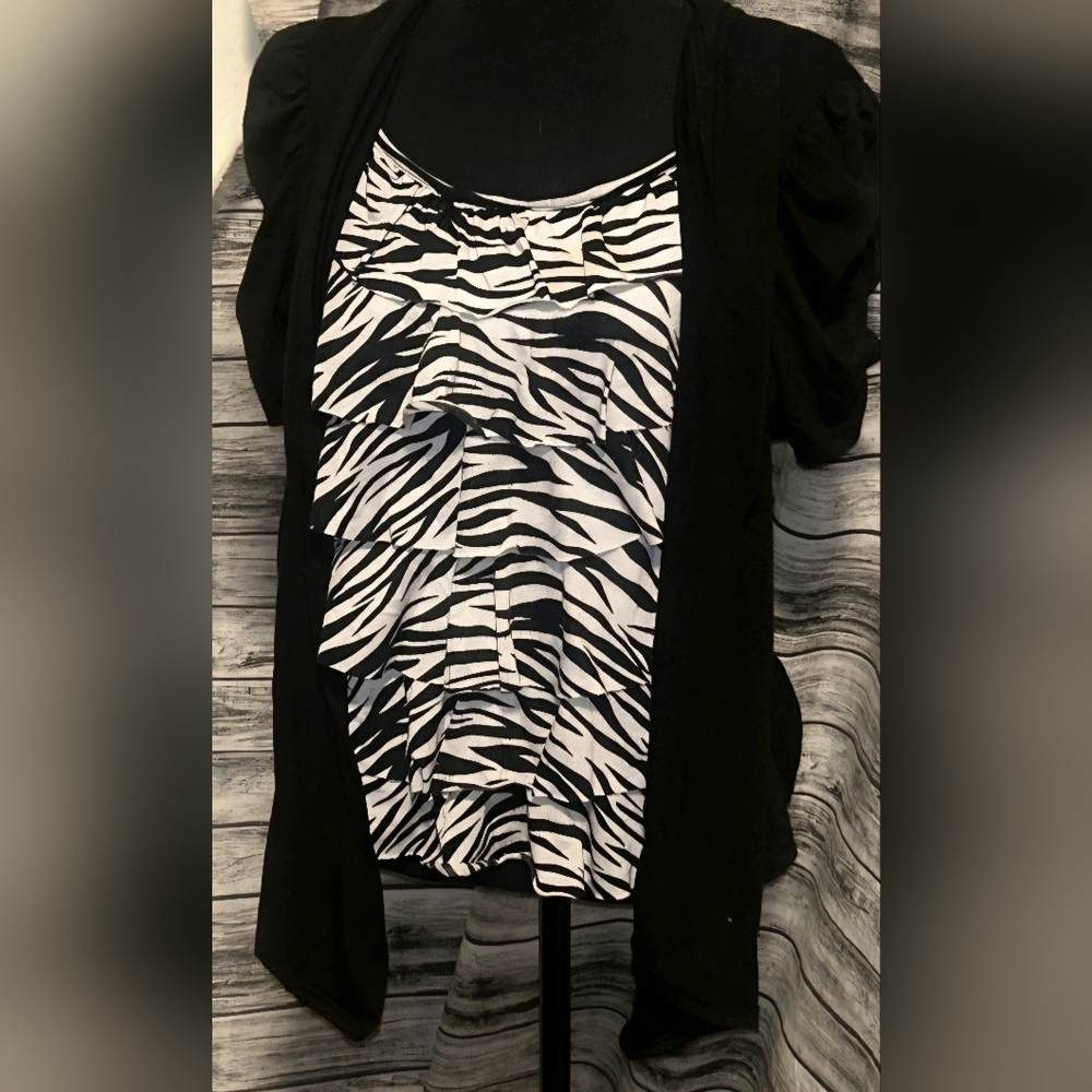 Black Zebra-Print Layered Short Sleeve Top